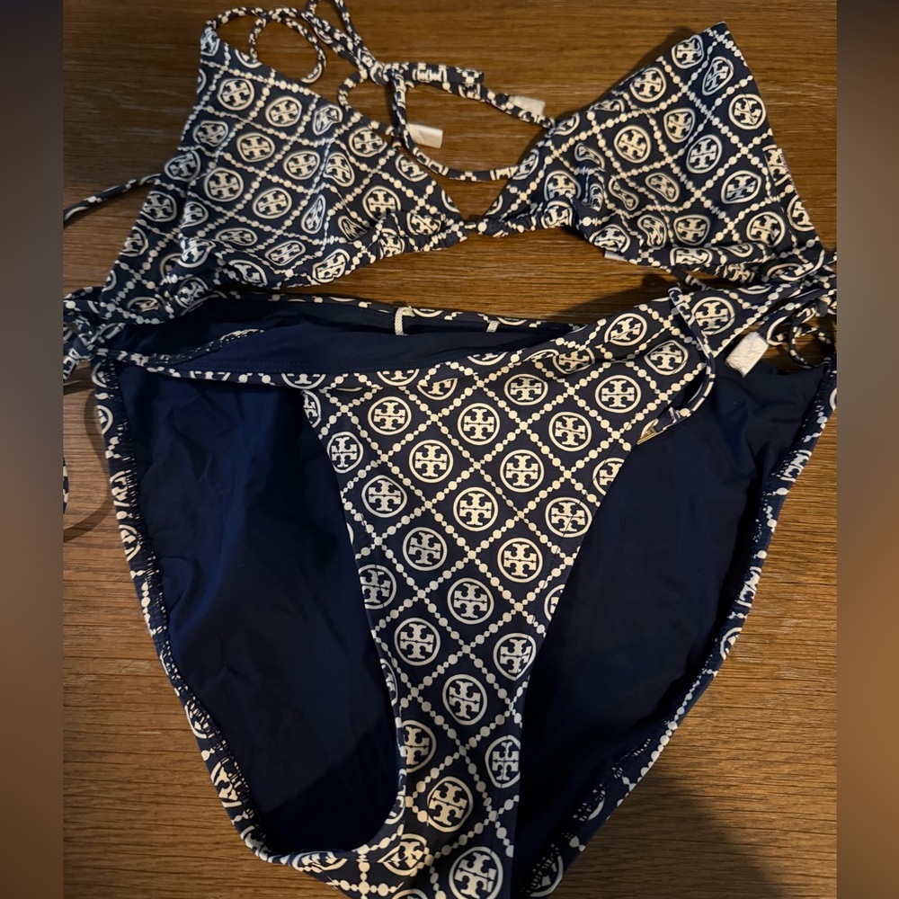 Tory Burch Navy and White Logo-Print Bikini Set
